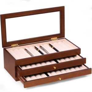 Reginald Cherry Wood 36 Pen Storage Case with Glass Top 